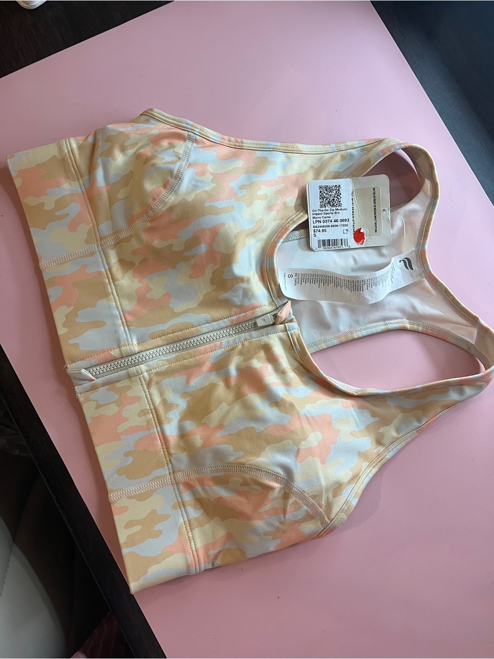 Fabletics Peach & Cream Camo Zip-Front Sports Bra
